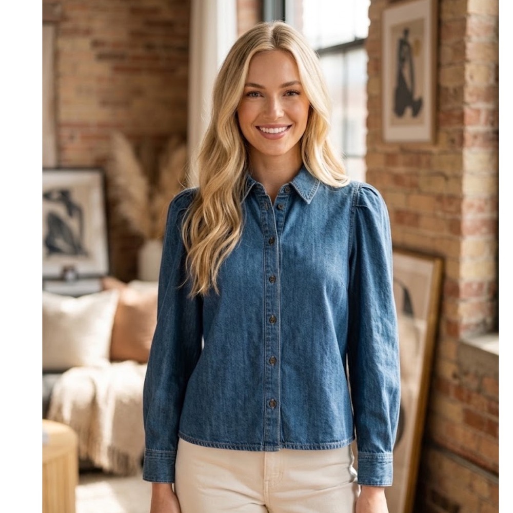 Madewell Denim Puff Shoulder Button Front Shirt Indigo Blue NX926 XXS NEW